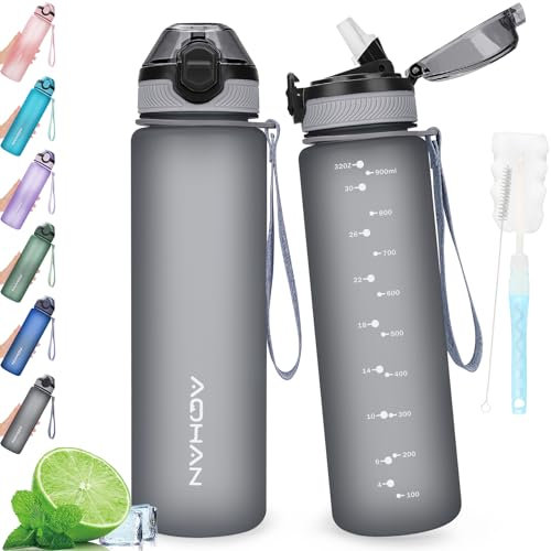 AOHAN Trinkflasche 1L mit auslaufsicherem Klappdeckel, BPA freie Sport Trinkflasche mit Stroh, Wasserflasche Geschirrspüler sichere Wasserflasche ungiftiger Wasserkrug mit Tragegurt