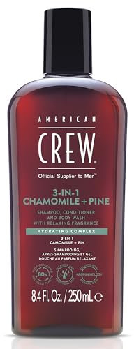 American Crew - Shampoing 3 En 1 - Shampooing, Après Shampoing & Gel Douche pour Cheveux et Corps - Soin Cheveux Revitalisant, Hydratant et Apaisant - Parfum Camomille et Pin - 250ml