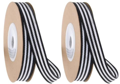 JIHUOO 2 Rollen Ripsband gestreiftes Band für Geschenkverpackungen, Weihnachten, Halloween, Hochzeit, Babyparty, Partydekorationen, Schwarz-Weiß, 1 cm breit, 9,1 m pro Rolle