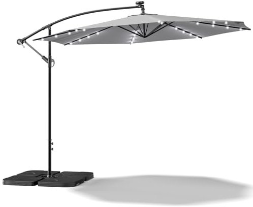 XEMQENER Garden Parasol with Solar Powered Lights, 3M Cantilever Parasol with 4 x 15L Base and Cross Base, Large Outdoor Banana Parasol for Party, Camping, Patio, UPF 50+, 300x300x260 cm, Light Grey