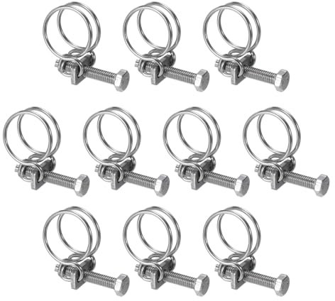 sourcing map 10Pcs Double Wire Hose Clamp, 18-22mm Adjustable Stainless Steel Wire Hose Clips with M6 Bolt for Dust Collection Hose, Pump Hose Pipe