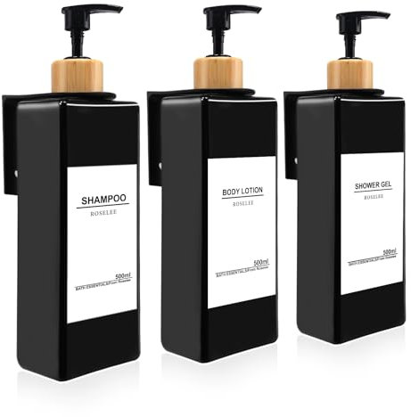 Roselee Lot de 3 distributeurs de Savon Mural - 500 ML - Noir - Distributeur de Savon Mural sans perçage - Distributeur de Pompe en Plastique avec Entonnoir et étiquettes étanches - pour Cuisine