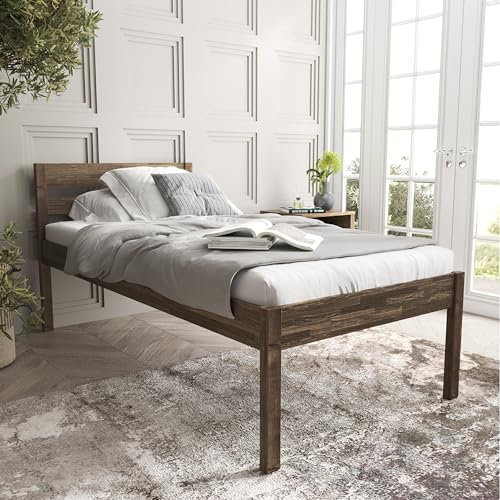 Hansales Seniorenbett 90x200 cm Triin Eiche Holzbett mit Kopfteil, Bettgestell ohne Lattenrost, Einzelbett aus massivem FSC® Birkenholz, Bettrahmen belastbar bis 350kg mit Öl beschichtet