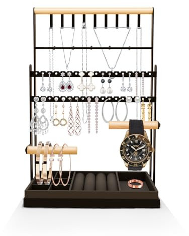 TFSZE Présentoir à Bijoux,Porte Bijoux Femme Pour Colliers,Presentoir Collier Avec Plateau Pour Boucles D'oreilles,Porte Bijoux Femme Pour Colliers, Bracelets, Boucles D’oreilles, Pinces, Bagues(Noir)