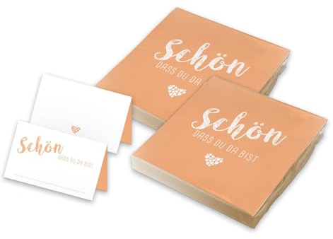 itenga Tischdeko Set - Servietten Schön dass du da bist 30 x 30cm 3-lagig 40 Stück und 48 passende Tischkarten für Kommunion Konfirmation Hochzeit Taufe und andere Feiern (Apricot)