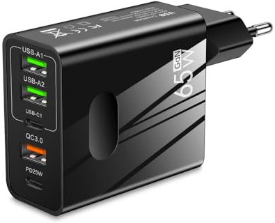 3-Stars - Cargador de 65W con 5 Puertos - 2 Tipo C y 3 Tipo A - Carga Rápida QC 3.0 - Compatible con Samsung, iPhone, Xiaomi - Certificado CE - Color Negro