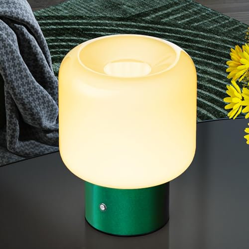 FANHAO Touch Bedside Table Lamp, Portable Cordless Rechargeable Mushroom Lamp with Opal Glass Lamp Shade, 3-Way Dimmable, 4000mAh Battery Operated, Mid Century Retro Small Lamp for Home Decor & Gifts