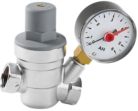 Druckminderer Wasser mit Manometer Wasserdruckminderer, Wasserdruckregler mit Siebfilter Druckminderventil Druckregler Messing Membran (Grau, 1/2 Zoll)