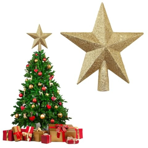 BUKCYUE Weihnachtsbaumspitze, Christbaumspitze in Stern-Form, Christbaum-Schmuck aus Kunststoff, Glitter Baum Stern, Baumspitze für Urlaub Ornament oder Home Decor, 20cm (Gold)