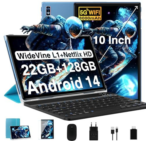Nouvelle 2025 Tablette 10 Pouces Android 14 avec 22Go RAM+128Go ROM(TF/2To),Tablette Tactile avec 5G+2.4G WiFi, Octa-Core 2.0Ghz, 8000mAh, GMS, Widevine L1,BT5.0,Tablettes avec Clavier Souris - Bleu