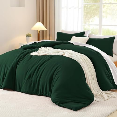 Luofanfei Housse de Couette Coton 220x240 Vert Foncé Adulte Ado Uni 2 Personnes Parure de Lit Unie en Coton Housse Couette 240x220 Linge de Lit avec Fermeture éclair et 65x65cm Taies d'oreiller