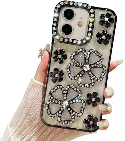 Uioeua Compatible with iPhone 11 Flower Case,Cute Glitter Bling 3D Diamond Flower with Luxury Rhinestone Floral Women Girls and Sparkly Shiny Slim Shockproof Case for iPhone 11 -Black
