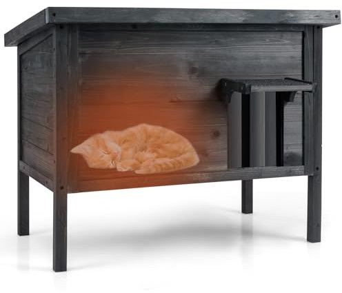 GYMAX Winterfestes Katzenhütte, Katzenhaus Isoliert mit Wärmedämmung, aufklappbares Asphaltdach & Notausgang, Wetterhaus aus Holz, Katzenhäuschen für außen, 55 x 88 x 69 cm