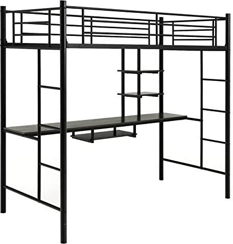 FANTASK Hochbett mit Schreibtisch & 2 Leitern, Etagenbett aus Metall, Stockbett Bettrahmen für Teenager und Erwachsene, Schwarz