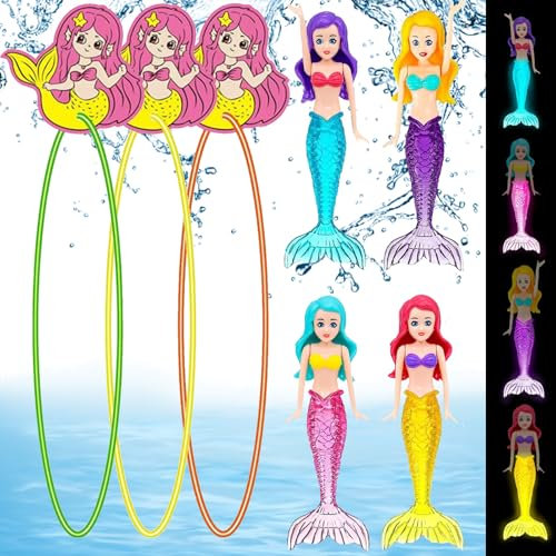 YOUYIKE Anelli da immersione per bambini con 3 anelli per immersioni e 4 sirene luminose, giocattolo per immersioni, sirene, vasca da bagno, bambola per piscina d'acqua, allenamento estivo e