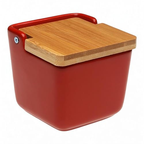 Contenitore Sale in Ceramica con Coperchio in Bambù – Barattolo Quadrato 8,8x8,8x8,8 cm – Porta Sale, Spezie o Zucchero – Design Moderno per Cucina – Disponibile in Nero, Bianco e Rosso (Rosso)
