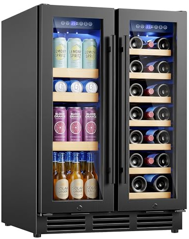 24 Inch Dual Zone Undercounter Refrigerator, Beverage and Wine Cooler with Glass Door Holds 21 Bottles and 88 Cans, Built-In Wine Cooler/No