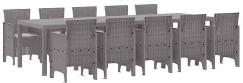 vidaXL Garten Essgruppe 11 pcs Hellgrau Rattan und Aluminium, Garten und Terrasse, modernes Essset, ergonomisches Design, rechteckig, UV-beständig für den Sommer