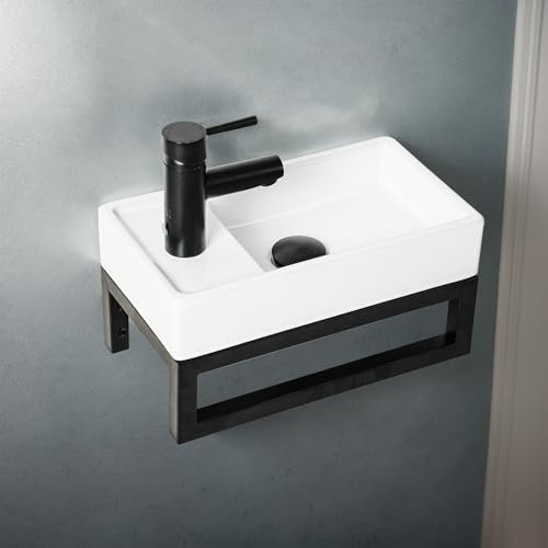 NUESTRA VIDA Lavabo de Cerámica para Baño de Invitados 40x22 cm - Compacto con Rebosadero y Estructura Metálica Negra Mate - Ideal para Espacios Pequeños