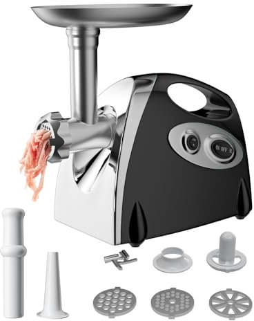 Tritacarne Elettrico, 2800 W Max, 3 Dischi Tritacarne in Acciaio Inox, con Accessorio per Salsicce, Velocità di Macinazione 1,5 kg/Min (Nero)