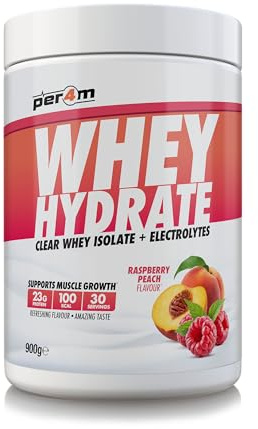 Per4m Whey Hydrate | 23g Whey Isolate & Aquamin Electrolytes | Muscle Growth & Hydration | Clear, Refreshing & Low in Sugar | 30 Serving (900g, Raspberry Peach)