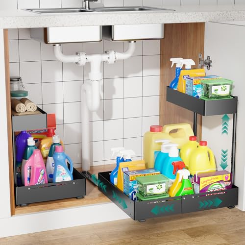 HG PLVTII Organizador Bajo Fregadero Ajustable – Estante Extraíble de 2 Niveles, Ancho y Altura Expansible con Guías de Rodamientos, Organizador de Cocina y Baño (2 Unidades, Negro)