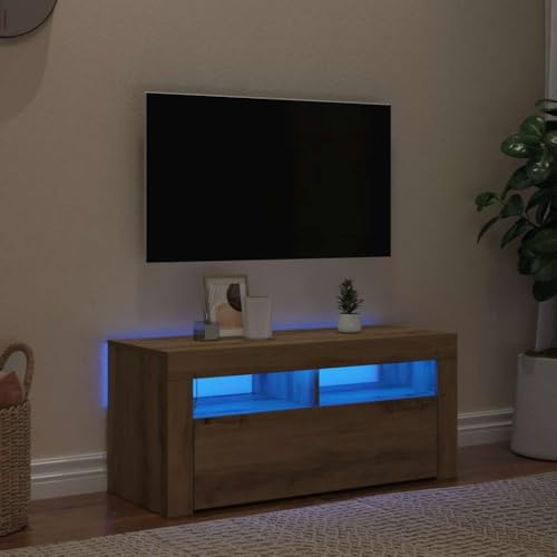 Homvdxl LED TV Stand Cabinet for 45 inch TV, Modern TV Unit with LED Lights and Cabinets, Game Console Entertainment Center with Storage Shelves and Media Layers for Bedroom Living Room - Natural