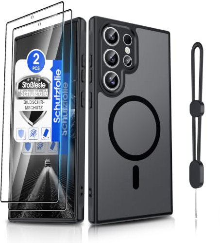 Dizn Magnetisch Hülle für Samsung Galaxy S24-Ultra: für MagSafe,2*Schutzfolie Folie,Kameraschutz,Magnet Case mit Band,Matt Transluzente HandyHülle,Militärstandard Schutz,Jungs Cover S 24 Ultra,Schwarz
