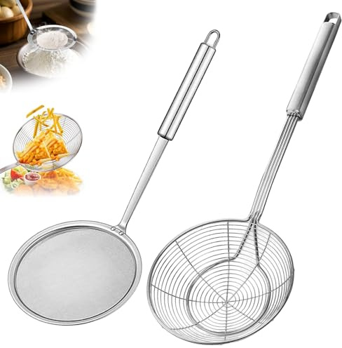 XIAOGUA 2 Piezas Espumadera Acero Inoxidable Cucharón Araña con Mango Anti-Calor, Colador Red Malla Fina, Skimmer para Pasta Fideos,cocinar cocina,cocer vapor recoger alimentos, 12×33cm, 13,8×38×3cm