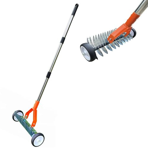 Lawn Thatch Rake with Wheels, Rolling Lawn Scarifier with 32 cm working width, Handheld Weed Rake, for Cleaning Dead Grass, Moss, Weeds (Orange,1.3M)