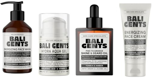 BALI GENTS Skincare Set – 4 Teilige Gesichtspflege Set für Männer mit Face Wash, Face Cream, Hydra Aqua Gel & Beard Oil – Reinigung, Feuchtigkeit & Pflege