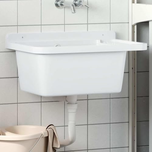 LoogCape Lavabo mural en résine, 60 x 40 x 28 cm, blanc, avec trop-plein, pour intérieur et extérieur, convient comme évier de jardin, garage ou buanderie, durable et robuste