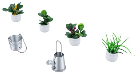 Duokon Mini Piante in Vaso Finte Artificiali, 4 Pezzi con Secchiello e Annaffiatoio per Giardino delle Fate Casa delle Bambole