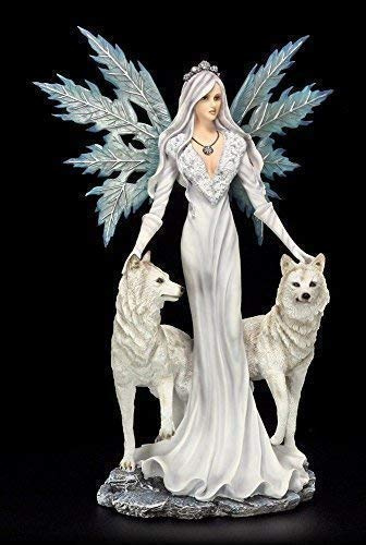 Figuren Shop GmbH Große Elfenfigur 60 cm - Maylea mit Zwei weißen Wölfen - Fee Elfe Statue Figur