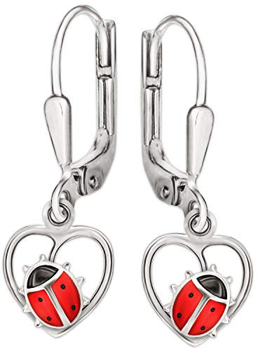 CLEVER SCHMUCK Silberne Marienkäfer Ohrringe als Ohrhänger 26 mm Käfer mit Füßchen im Herz sitzend 9 mm rot schwarz 925 STERLING SILBER für Kinder