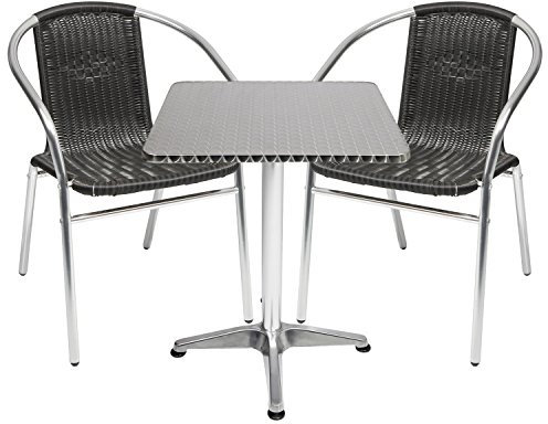 Mojawo® Bistrogarnitur 3-teilig Bistrotisch Aluminium eckig 60x60cm H70cm / 110 cm höhenverstellbar + 2 Stapelstühle Aluminium/Rattan Schwarz