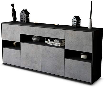Stil.Zeit Sideboard Ginevra, Korpus anthrazit matt, Front Industrie-Design Beton (180x79x35cm) Push-to-Open Technik & Leichtlaufschienen