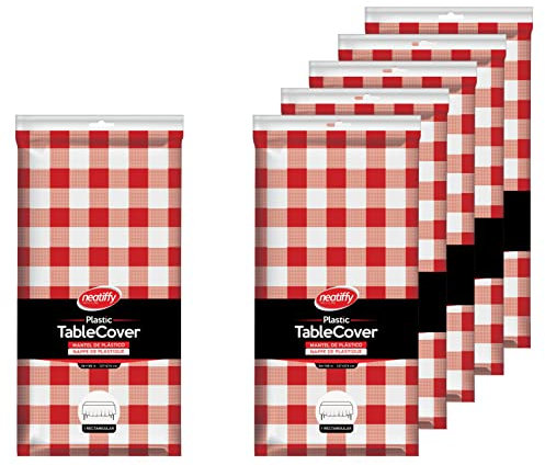 Neatiffy 137 cm x 274 cm 6er-Pack rechteckige Tischdecken aus Kunststoff für Picknick-/Camping-/Party-/Bankett-Tischdecken. Einweg-/Mehrwegtischdecken Rot kariert