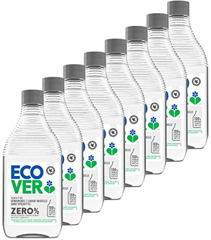 Ecover Liquide Vaisselle Zero, Élimine la Graisse et la Saleté, Ingrédients d'Origine Naturelle, 0% De Parfum et Colorant, Bouteille de 450ml
