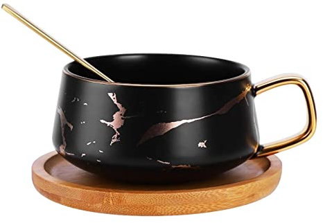 RUIOMII Marble Coffee Cup Porcelain Mug with Spoon Creative Ceramic Cup Saucer for Valentine's Day Mother's Day Gift 300ml Black