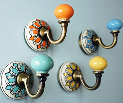 IvoryBlu777 - 4 x Vintage Antique Style Heavy Duty Iron Coat Hooks in Brass Bronze Design, Hallway Decorative Artisan Door Wall Ceramic Hooks for Hanging Clothes, Bag, Purse (Gardenia)