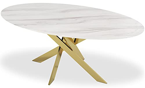 Menzzo Table Greenwich Verre Effet marbre Blanc et Pieds Or