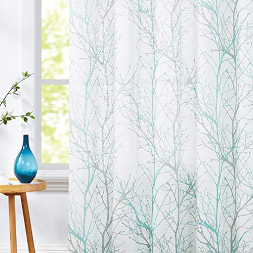 FMFUNCTEX Türkis Grau Voile Vorhänge Transparente Leinen Gardinen mit Ösen für Wohnzimmer Zweige Muster Halbtransparente Modern Ösenschal Dekoschal für Schlafzimmer 2er Set, 175 x 127 cm (H x B)