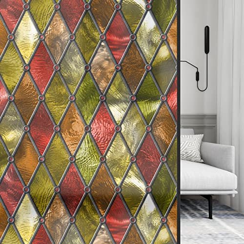 KEKUYA Opaque window film privacy film,Selbstklebend ohne Klebstoff Fensterfolie,Decorative Anti-UV Film,farbige Raute ,Privatsphäre Schutzfolie Matt Für Bad Büro Wohnzimmer(60cmx200cm)