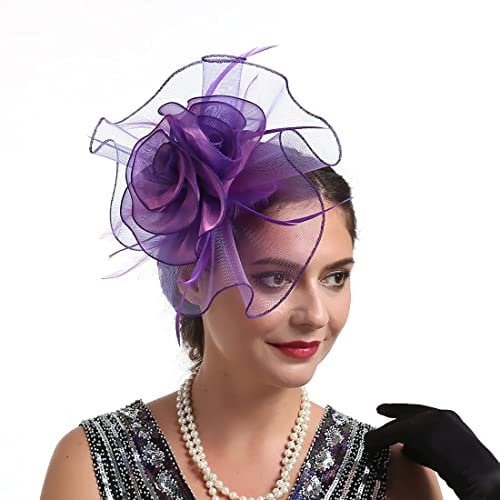 Women's Fascinator Hat With Organza Flower and Feather - Wedding, Tea Party, Derby, Ascot Headpiece - Flapper Pillbox Style With Headband and Hairclips - Purple