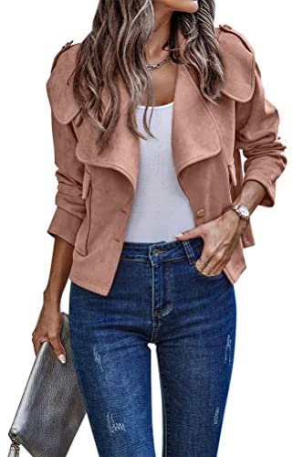 Onsoyours Veste en Daim Femmes Mode Blouson Manteau Revers Vestes Streetwear Court Décontracté Automne Hiver Jacket Manteaux Outwear A Rose XL