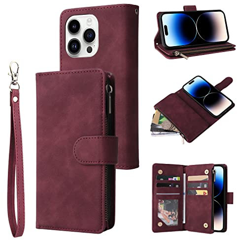 QLTYPRI Case for iPhone 14 Pro Max, Large Capacity Leather Wallet Case 6 Card Holder & 1 Zipper Pocket Kickstand Wrist Strap Magnetic Shockproof Phone Cover for iPhone 14 Pro Max - Wine Red