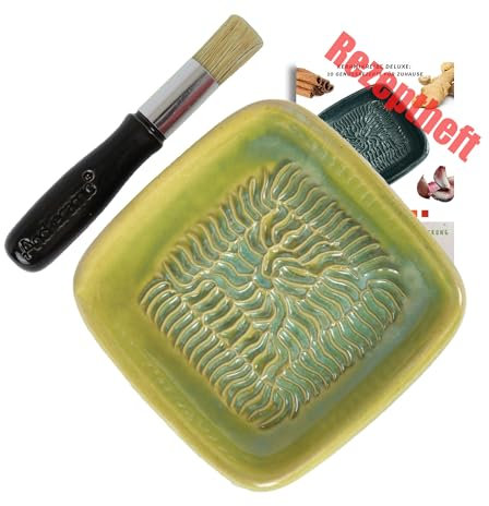 ANCKERAMIC® Ceramico Reibeteller & Backpinsel mit Naturborsten, Set aus Keramik für Knoblauch, Ingwer, Muskat, Handmade (Gelbgrün/Schwarz)