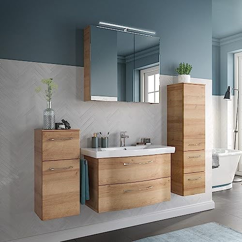Lomadox Badezimmermöbel Komplett Set, 82cm Waschbecken, LED Beleuchtung, Riviera Eiche quer Nb., B/H/T ca. 172/200/46 cm