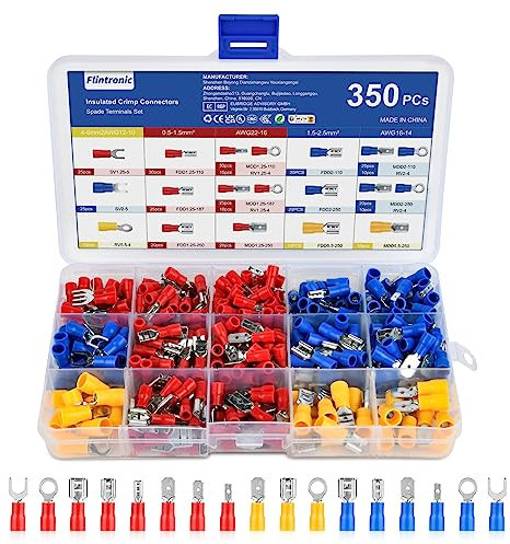 flintronic Connettori Elettrici 350 Pezzi, Terminali Elettrici Kit, Connettori a Crimpare per Cavi ad Anello con Cavo a Forcella a Crimpare, 0,5-1,5mm/ 0,5-1,5mm Terminale Isolato, AWG 22-10